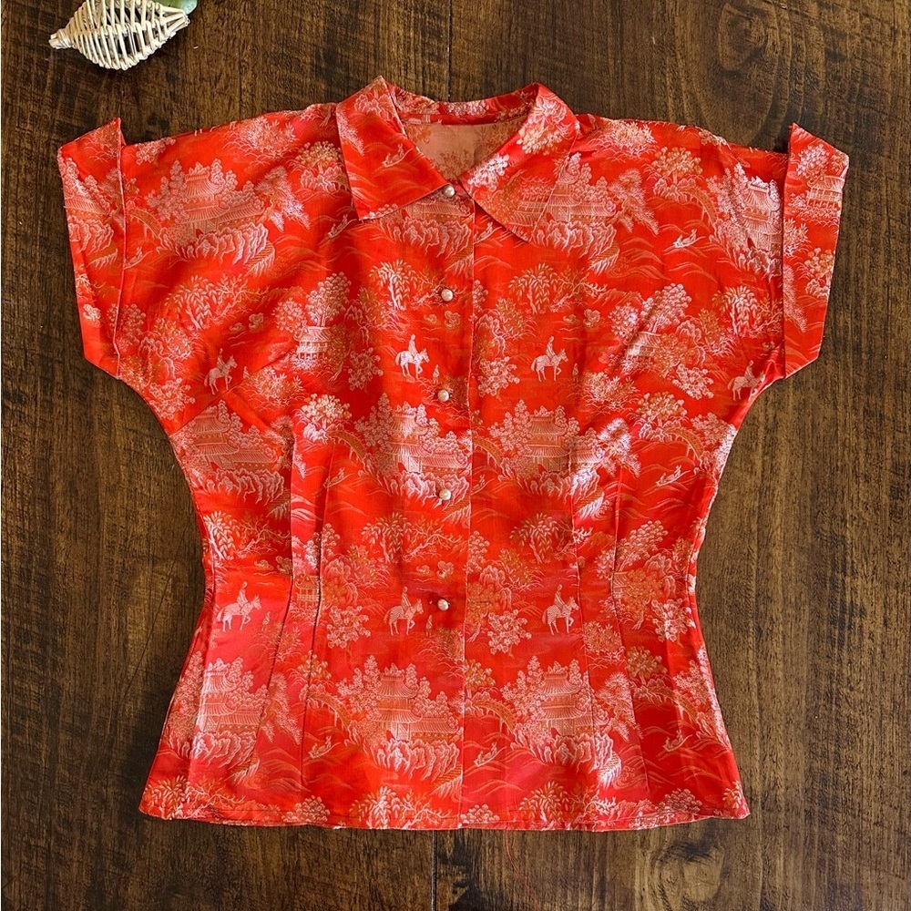 Vintage Chinese Style Button Front Short Sleeve Shirt in a Red Brocade